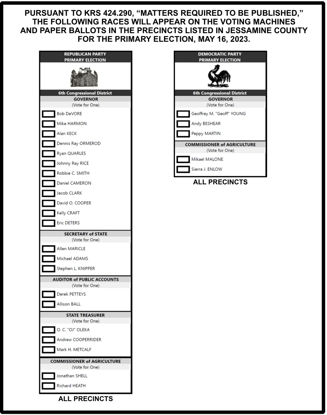 Ballot May 16, 2023 Sample Primary Ballot for Jessamine County